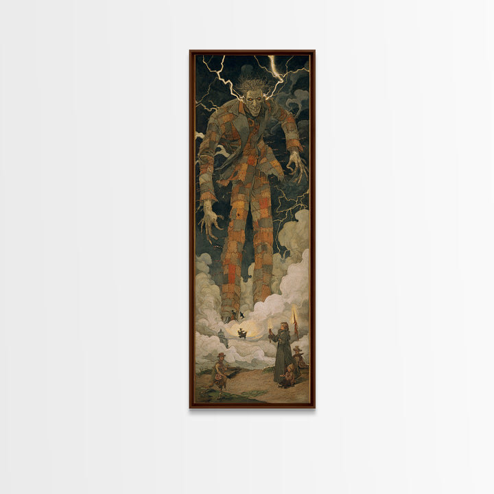 The Stitched Giant, Dark Symbolist Art, Tall Narrow Wall Art, Dark Fantasy Wall Art, Canvas Print, Halloween Wall Art