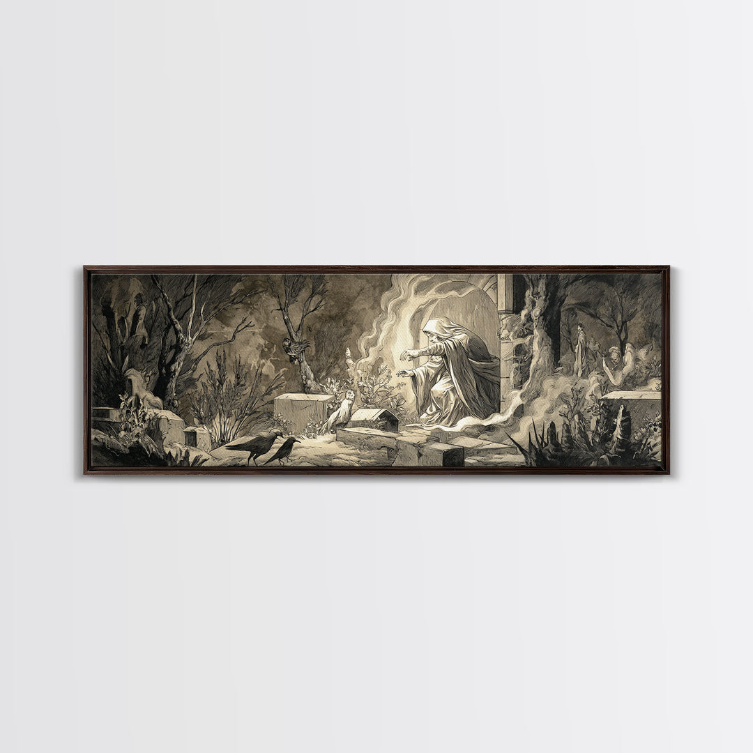 The Graveyard Ghost, Medieval Grotesque Art, Extra Wide Wall Art, Gothic Horror Wall Art, Canvas Print, Halloween Wall Art