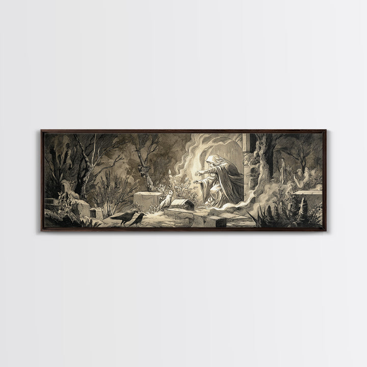 The Graveyard Ghost, Medieval Grotesque Art, Extra Wide Wall Art, Gothic Horror Wall Art, Canvas Print, Halloween Wall Art