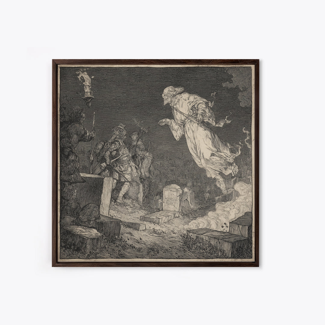 The Graveyard Ghost, Renaissance Engraving Art, Square Wall Art, Gothic Horror Wall Art, Canvas Print, Halloween Wall Art
