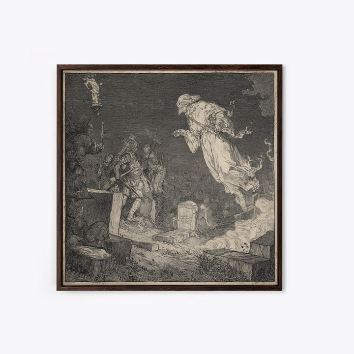The Graveyard Ghost, Renaissance Engraving Art, Square Wall Art, Gothic Horror Wall Art, Canvas Print, Halloween Wall Art