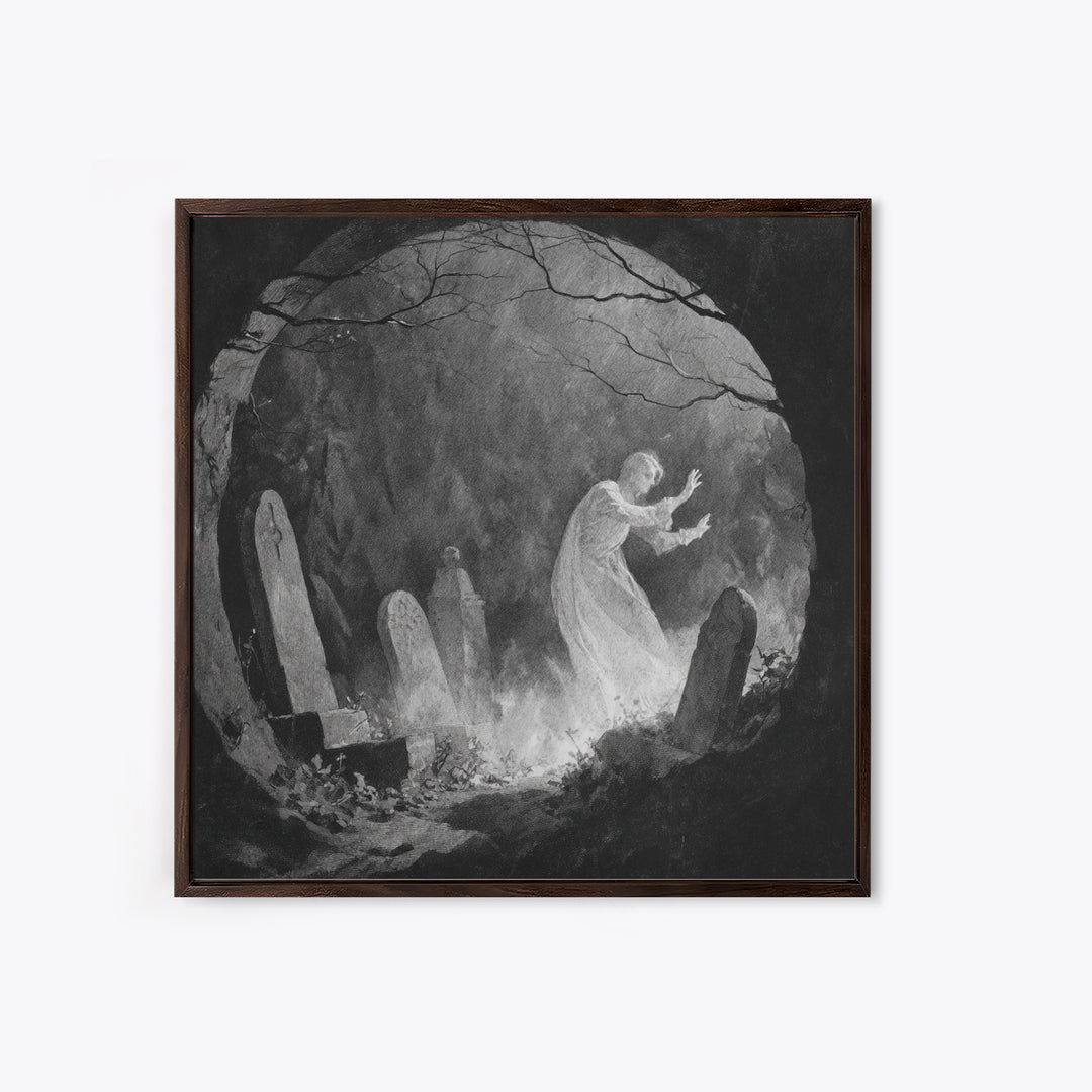 The Graveyard Ghost, Symbolist Dream Art, Square Wall Art, Dark Halloween Decor, Framed Canvas Print, Halloween Wall Art
