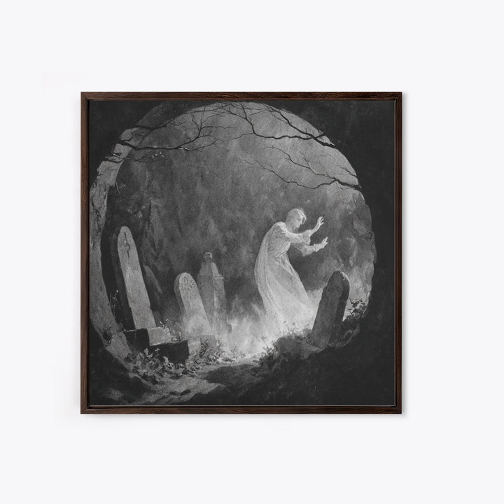 The Graveyard Ghost, Symbolist Dream Art, Square Wall Art, Dark Halloween Decor, Framed Canvas Print, Halloween Wall Art