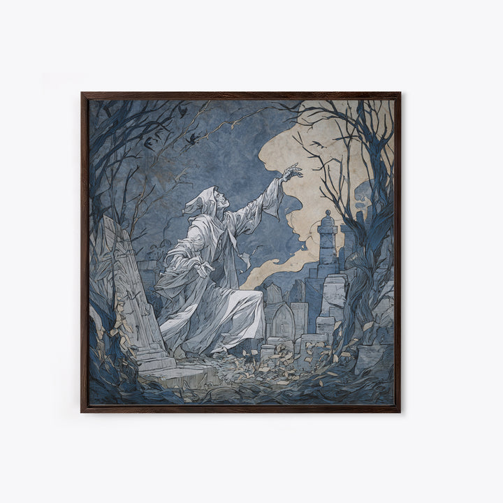 The Graveyard Ghost, Symbolist Etching Art, Square Wall Art, Macabre Wall Art, Framed Canvas Print, Halloween Wall Art, Gothic Home Decor