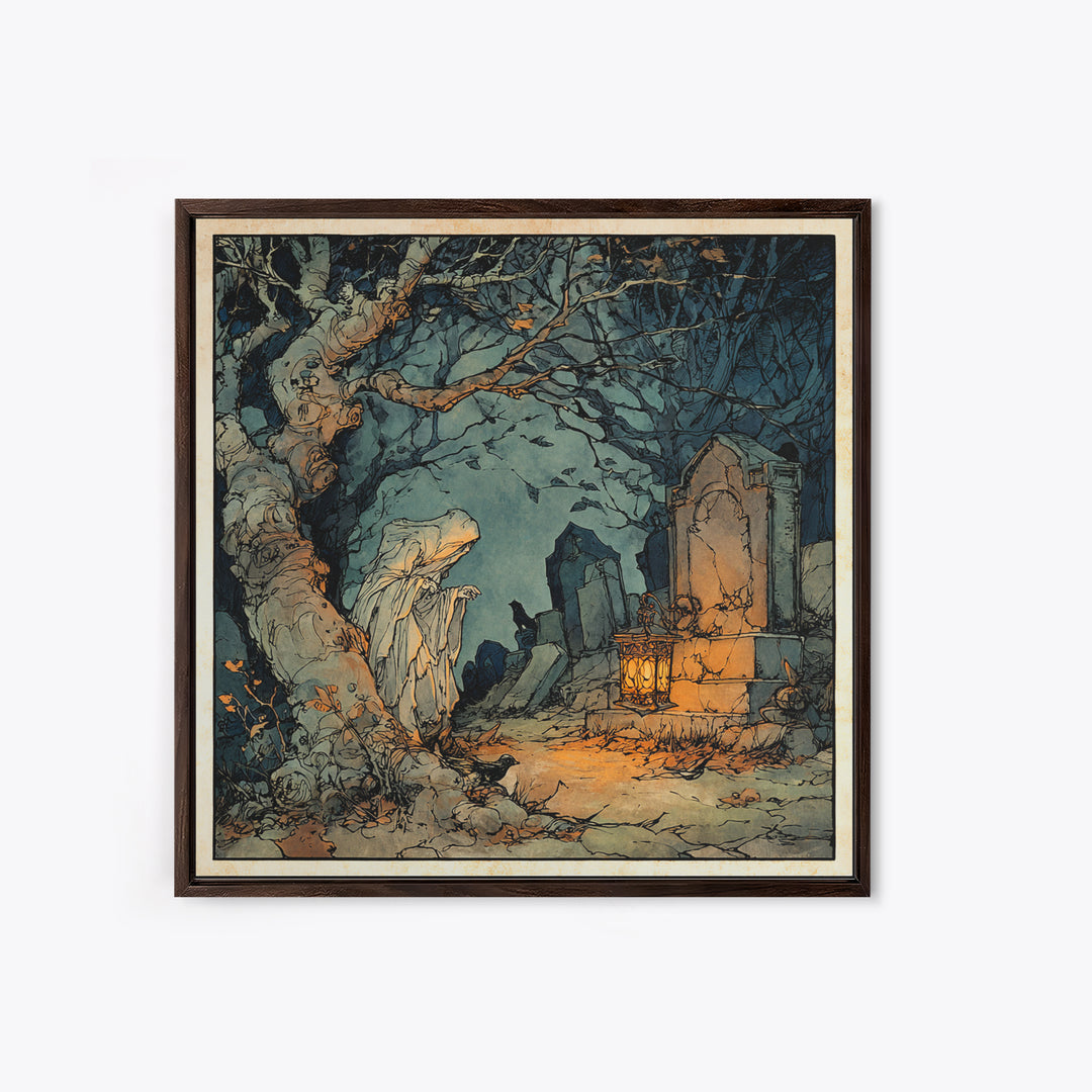 The Graveyard Ghost, Gothic Storybook Art, Square Wall Art, Dark Fantasy Wall Art, Canvas Print, Halloween Wall Art