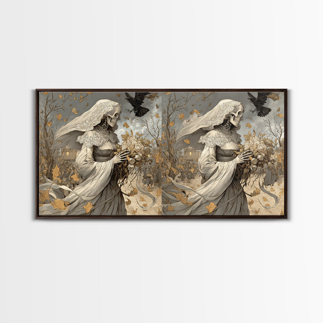 The Skeletal Bride, Northern Renaissance Horror, Wide Panoramic Art, Dark Fantasy Wall Art, Canvas Print, Halloween Wall Art