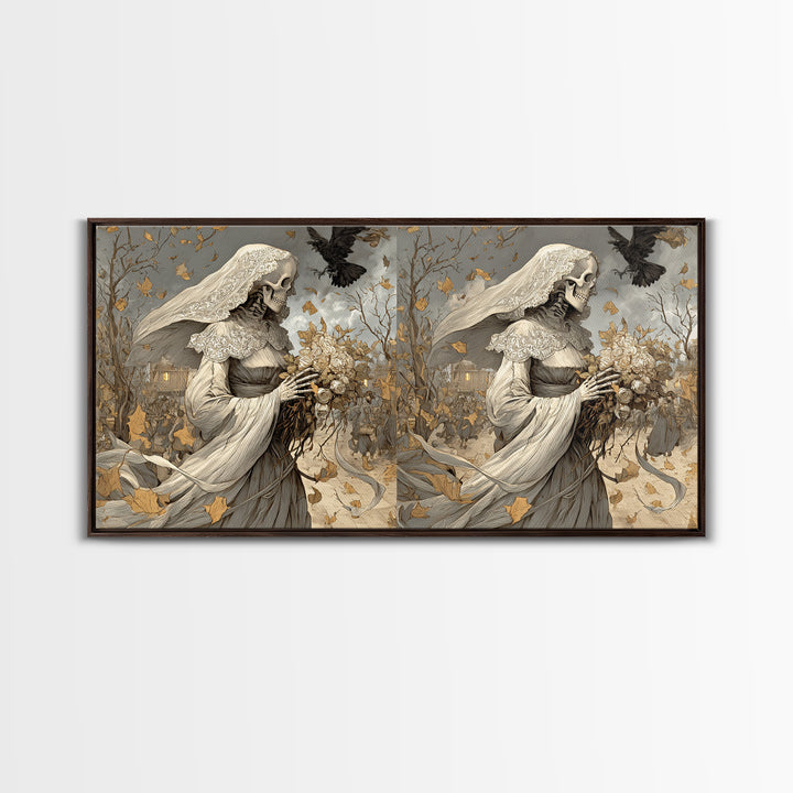 The Skeletal Bride, Northern Renaissance Horror, Wide Panoramic Art, Dark Fantasy Wall Art, Canvas Print, Halloween Wall Art