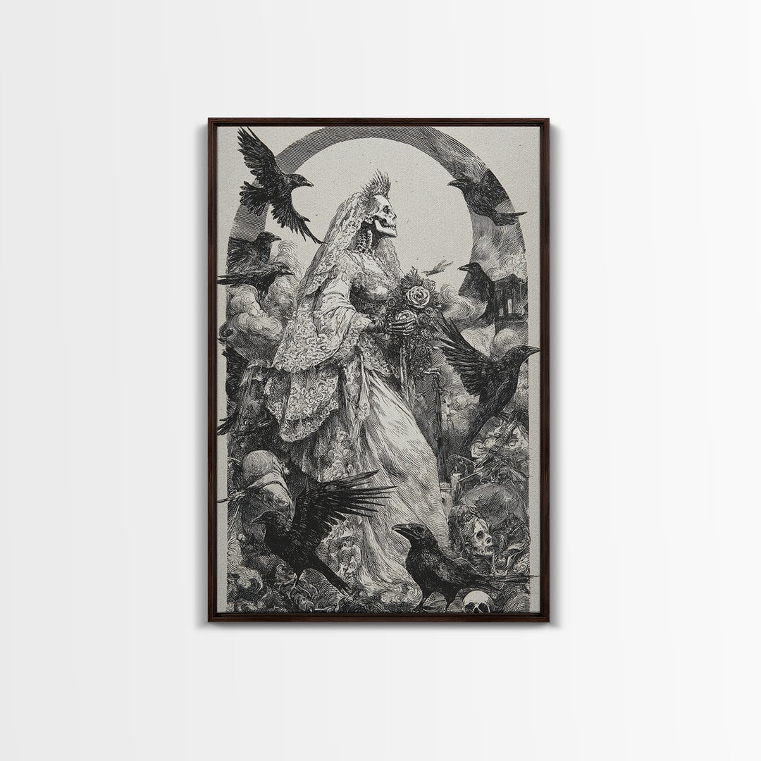 The Skeletal Bride, Renaissance Engraving Art, Vertical Wall Art, Macabre Wall Art, Framed Canvas Print, Halloween Wall Art