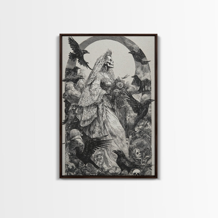 The Skeletal Bride, Renaissance Engraving Art, Vertical Wall Art, Macabre Wall Art, Framed Canvas Print, Halloween Wall Art