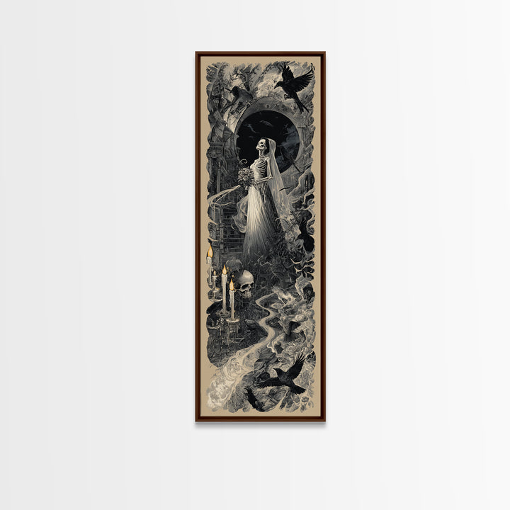 The Skeletal Bride, Architectural Etching Art, Tall Narrow Wall Art, Dark Halloween Decor, Framed Canvas Print