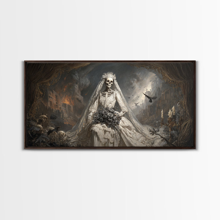 The Skeletal Bride, Apocalyptic Romantic Art, Wide Panoramic Art, Gothic Horror Wall Art, Canvas Print, Halloween Wall Art