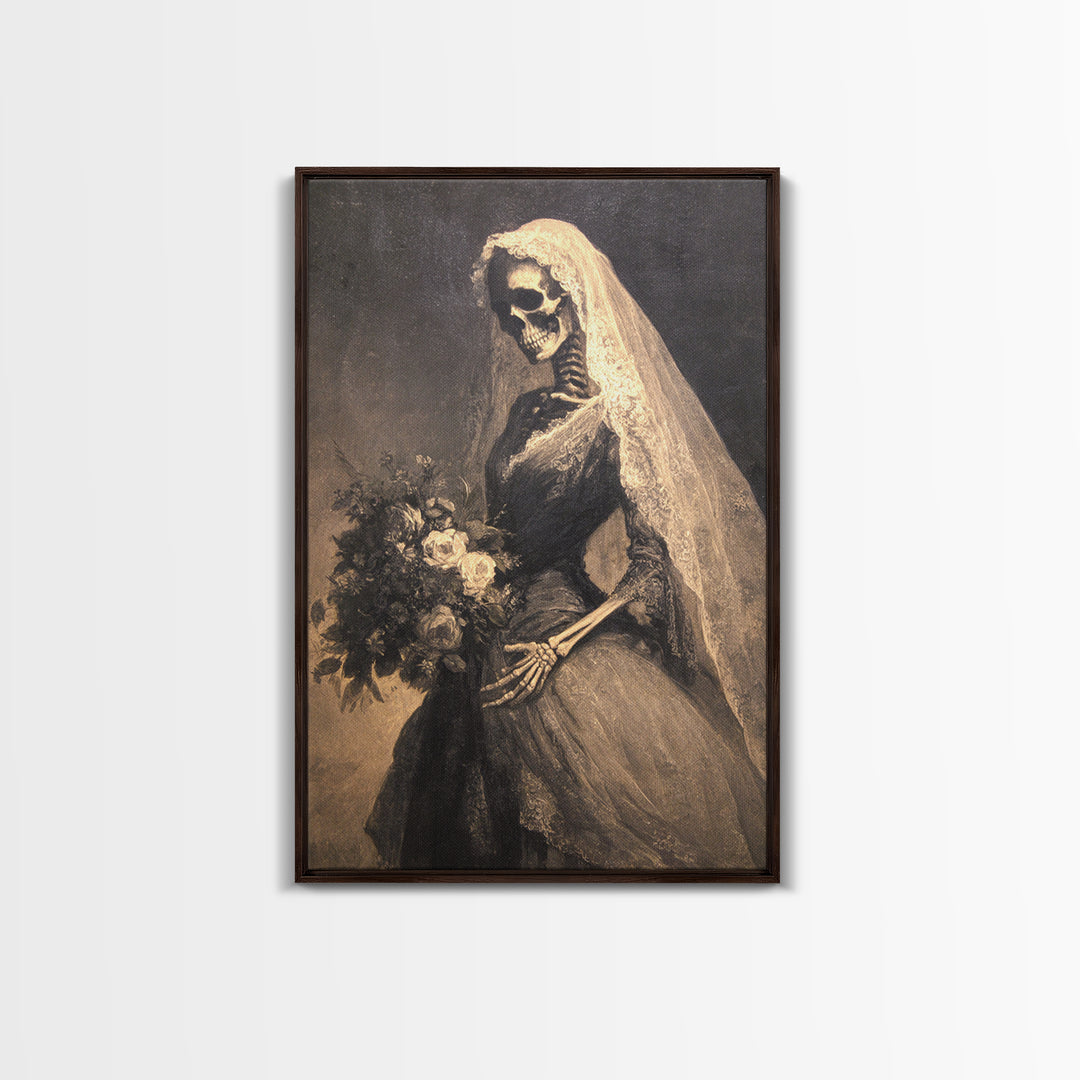 The Skeletal Bride, Symbolist Dream Art, Vertical Wall Art, Gothic Horror Wall Art, Framed Canvas Print, Halloween Wall Art
