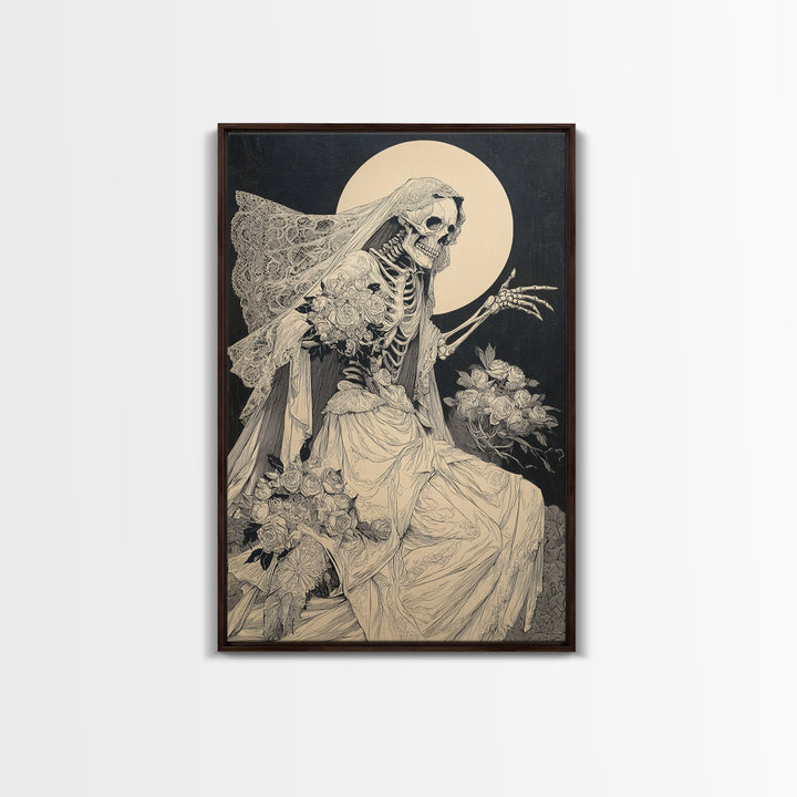 The Skeletal Bride, Symbolist Etching Art, Vertical Wall Art, Macabre Wall Art, Canvas Print, Halloween Wall Art, Statement Wall Art