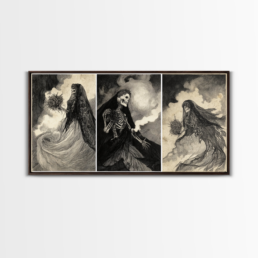 The Skeletal Bride, Expressionist Nightmare Art, Wide Panoramic Art, Dark Fantasy Wall Art, Framed Canvas Print, Halloween Wall Art