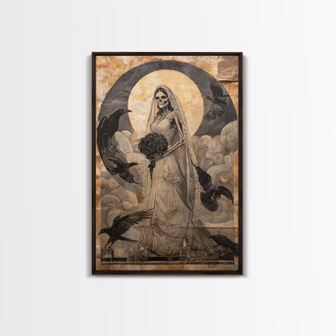 The Skeletal Bride, Expressionist Gothic Art, Vertical Wall Art, Gothic Horror Wall Art, Framed Canvas Print, Halloween Wall Art