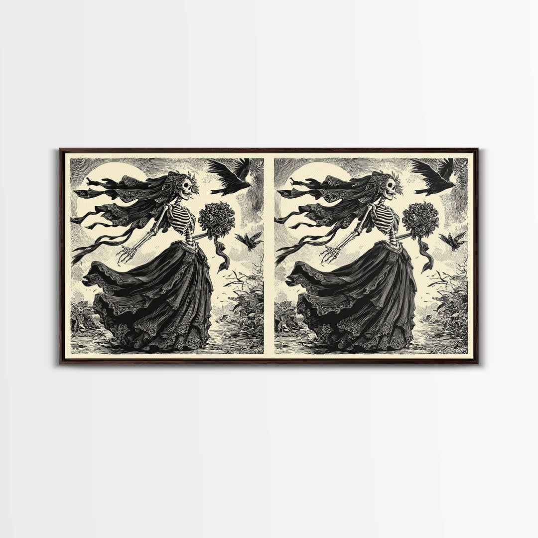 The Skeletal Bride, Macabre Folk Print Art, Wide Panoramic Art, Dark Halloween Decor, Framed Canvas Print, Halloween Wall Art