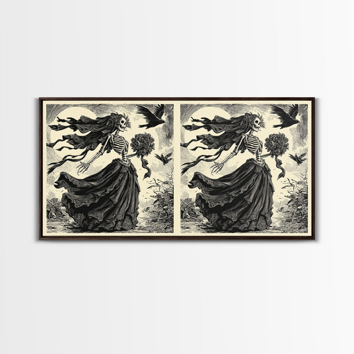 The Skeletal Bride, Macabre Folk Print Art, Wide Panoramic Art, Dark Halloween Decor, Framed Canvas Print, Halloween Wall Art