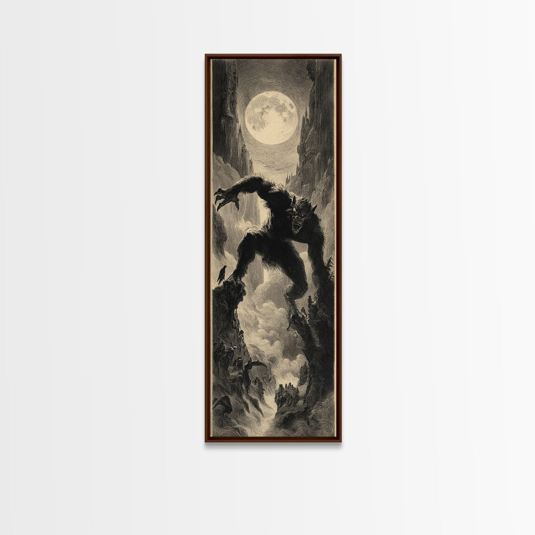 The Moon-Cursed Werewolf, Gothic Engraving Art, Tall Narrow Wall Art, Macabre Wall Art, Framed Canvas Print, Halloween Wall Art