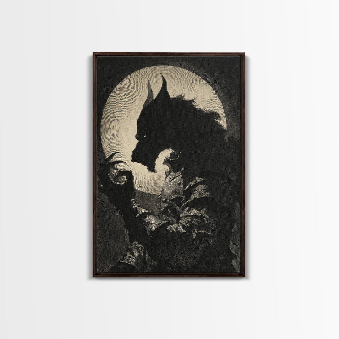 The Moon-Cursed Werewolf, Renaissance Engraving Art, Vertical Wall Art, Macabre Wall Art, Framed Canvas Print, Halloween Wall Art