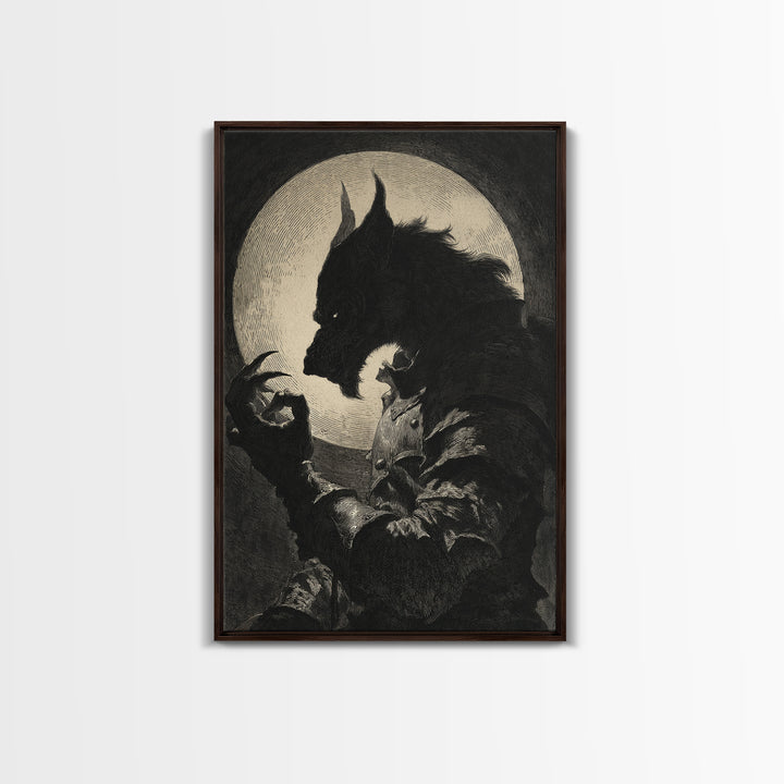The Moon-Cursed Werewolf, Renaissance Engraving Art, Vertical Wall Art, Macabre Wall Art, Framed Canvas Print, Halloween Wall Art