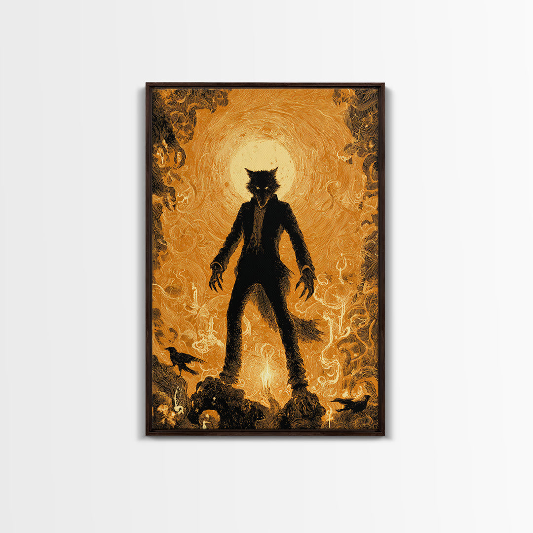 The Moon-Cursed Werewolf, Visionary Gothic Art, Vertical Wall Art, Dark Halloween Decor, Framed Canvas Print, Halloween Wall Art