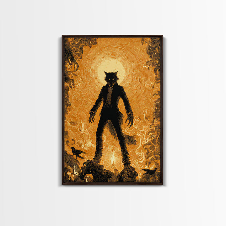 The Moon-Cursed Werewolf, Visionary Gothic Art, Vertical Wall Art, Dark Halloween Decor, Framed Canvas Print, Halloween Wall Art