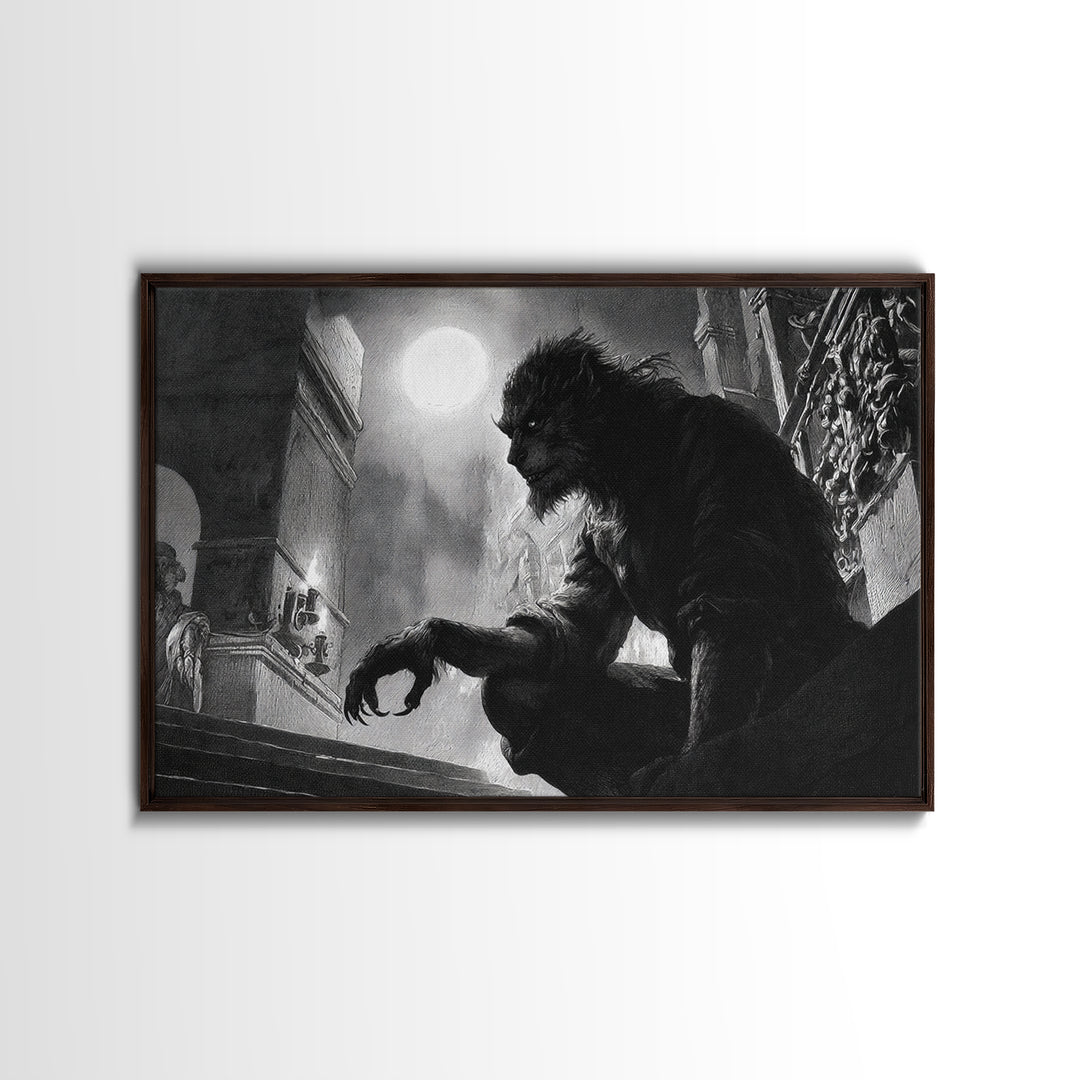 The Moon-Cursed Werewolf, Architectural Etching Art, Landscape Wall Art, Gothic Horror Wall Art, Framed Canvas Print
