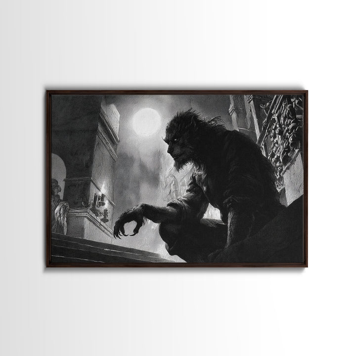 The Moon-Cursed Werewolf, Architectural Etching Art, Landscape Wall Art, Gothic Horror Wall Art, Framed Canvas Print