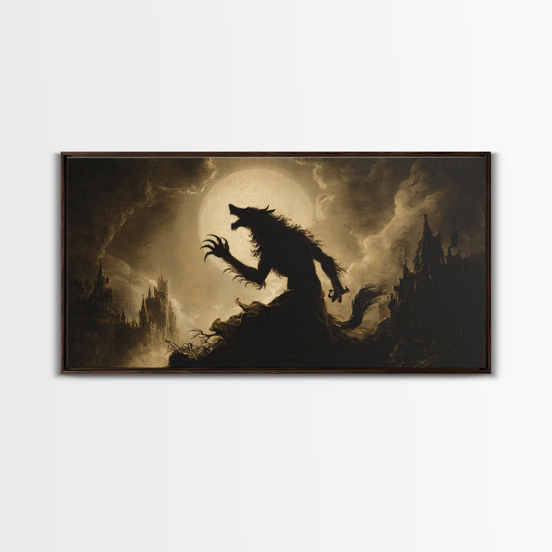 The Moon-Cursed Werewolf, Apocalyptic Romantic Art, Wide Panoramic Art, Gothic Horror Wall Art, Canvas Print, Halloween Wall Art