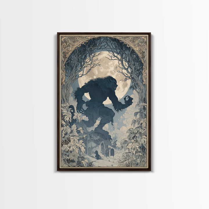 The Moon-Cursed Werewolf, Symbolist Death Art, Vertical Wall Art, Macabre Wall Art, Framed Canvas Print, Halloween Wall Art