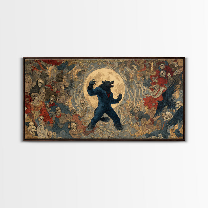 The Moon-Cursed Werewolf, Grotesque Carnival Art, Wide Panoramic Art, Dark Fantasy Wall Art, Canvas Print, Halloween Wall Art