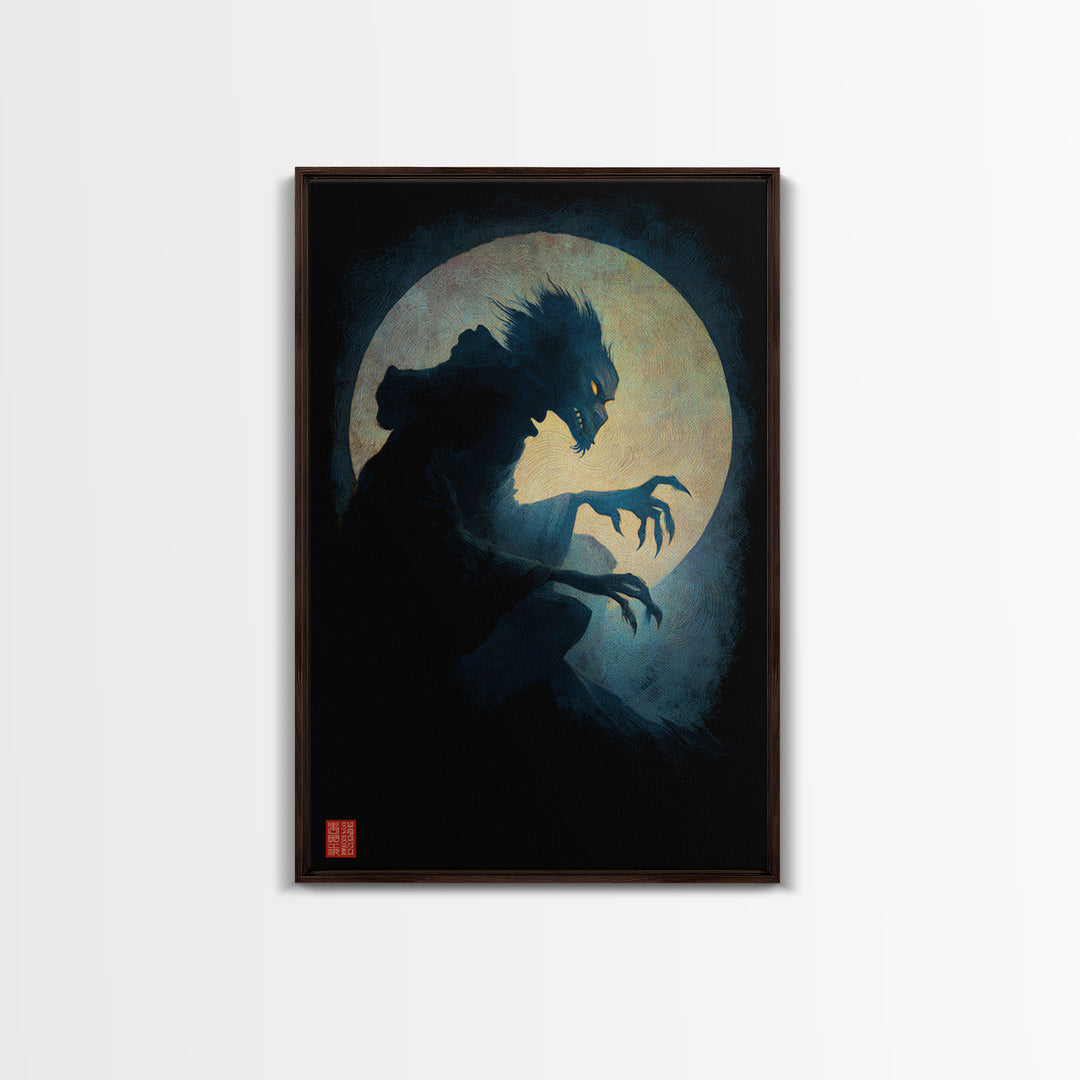 The Moon-Cursed Werewolf, Expressionist Gothic Art, Vertical Wall Art, Dark Halloween Decor, Canvas Print, Halloween Wall Art