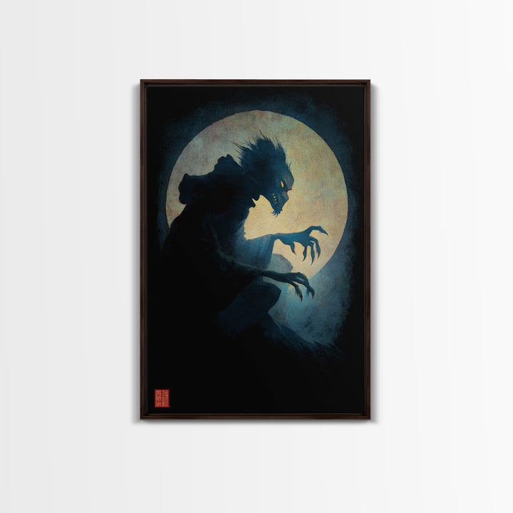 The Moon-Cursed Werewolf, Expressionist Gothic Art, Vertical Wall Art, Dark Halloween Decor, Canvas Print, Halloween Wall Art