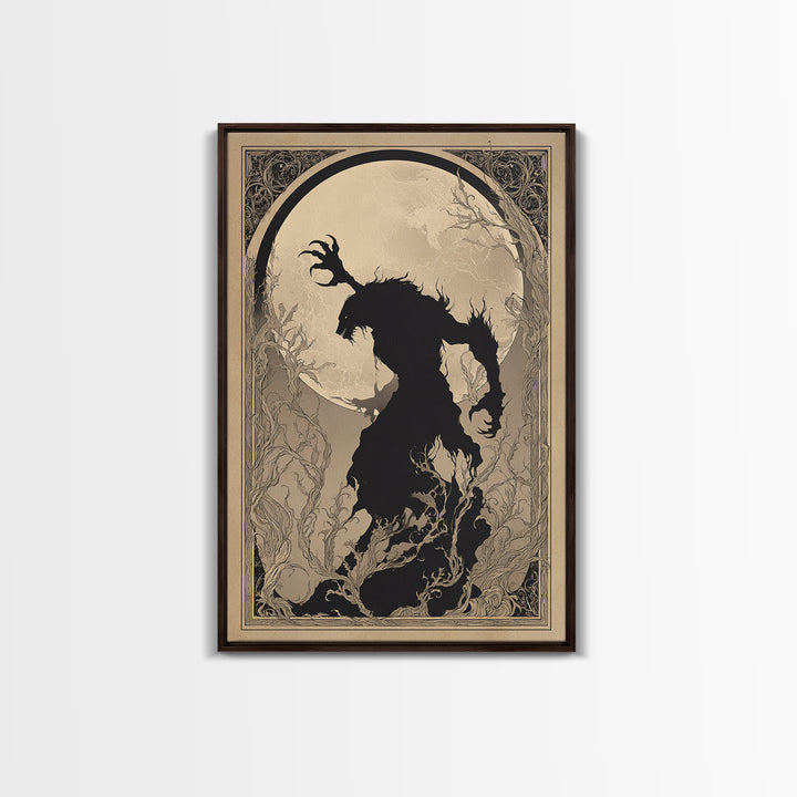 The Moon-Cursed Werewolf, Decadent Line Art, Vertical Wall Art, Dark Fantasy Wall Art, Framed Canvas Print, Halloween Wall Art