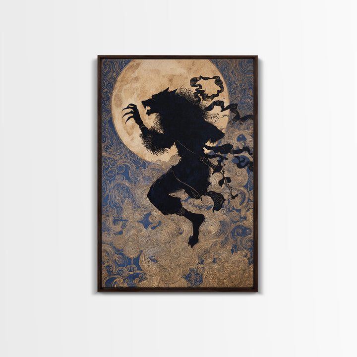 The Moon-Cursed Werewolf, Stained Glass Gothic Art, Vertical Wall Art, Dark Fantasy Wall Art, Framed Canvas Print, Halloween Wall Art