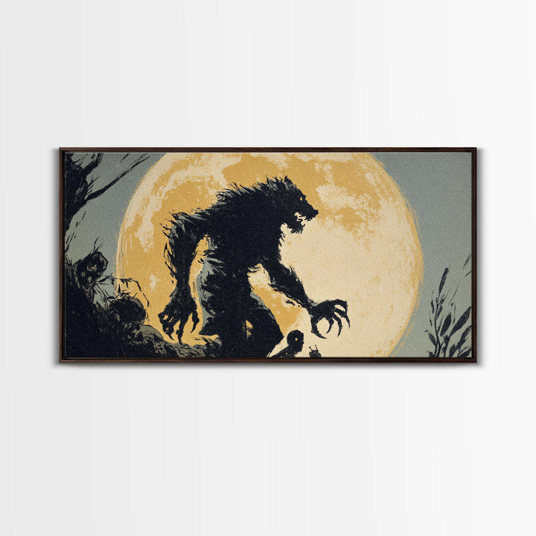 The Moon-Cursed Werewolf, Macabre Folk Print Art, Wide Panoramic Art, Dark Fantasy Wall Art, Framed Canvas Print