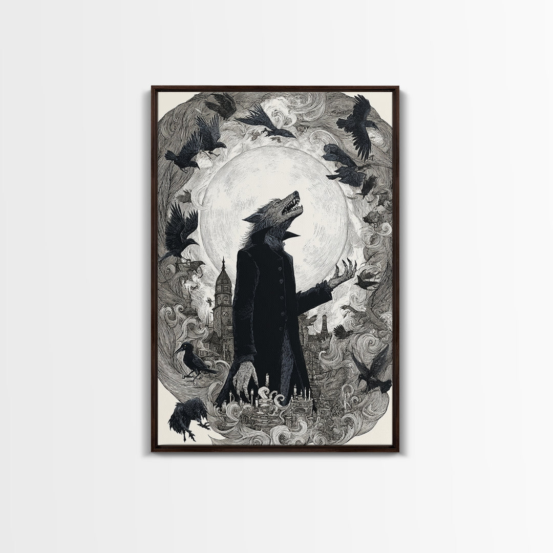 The Moon-Cursed Werewolf, Victorian Macabre Art, Vertical Wall Art, Gothic Horror Wall Art, Framed Canvas Print, Halloween Wall Art