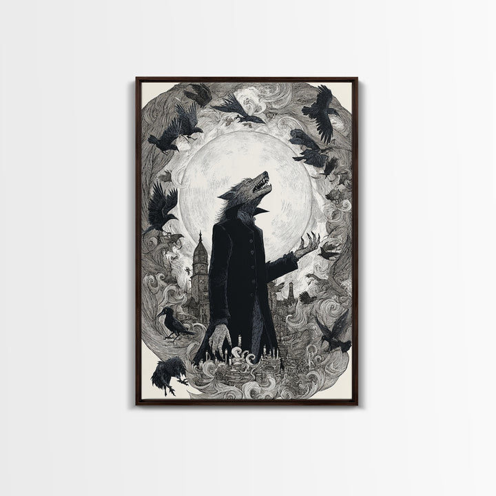 The Moon-Cursed Werewolf, Victorian Macabre Art, Vertical Wall Art, Gothic Horror Wall Art, Framed Canvas Print, Halloween Wall Art