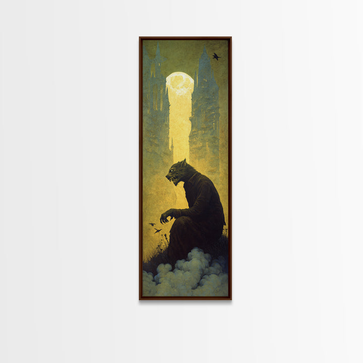 The Moon-Cursed Werewolf, Surreal Apocalyptic Art, Tall Narrow Wall Art, Macabre Wall Art, Canvas Print, Halloween Wall Art