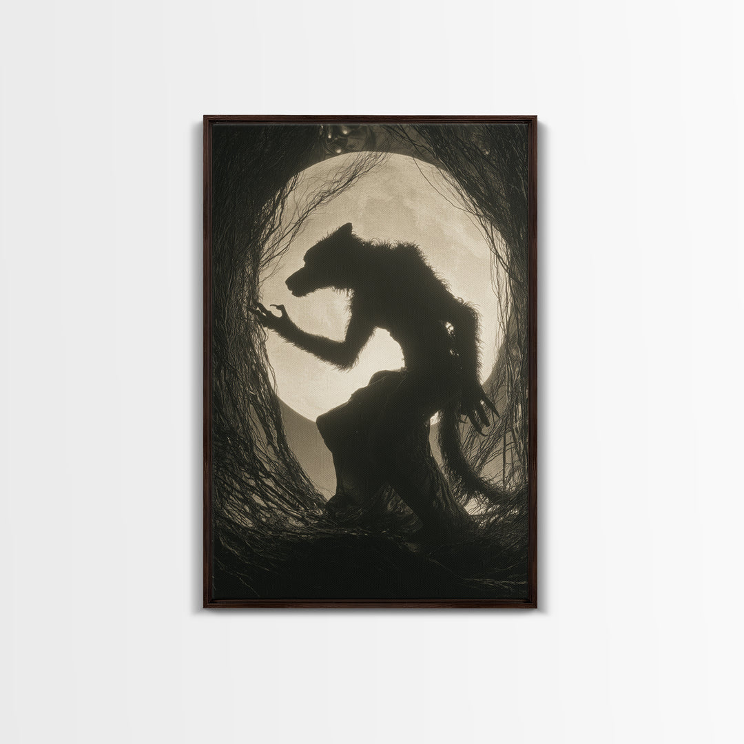 The Moon-Cursed Werewolf, Biomechanical Horror Art, Vertical Wall Art, Dark Halloween Decor, Canvas Print, Halloween Wall Art