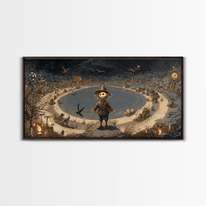 The Living Scarecrow, Northern Renaissance Horror, Wide Panoramic Art, Dark Fantasy Wall Art, Framed Canvas Print