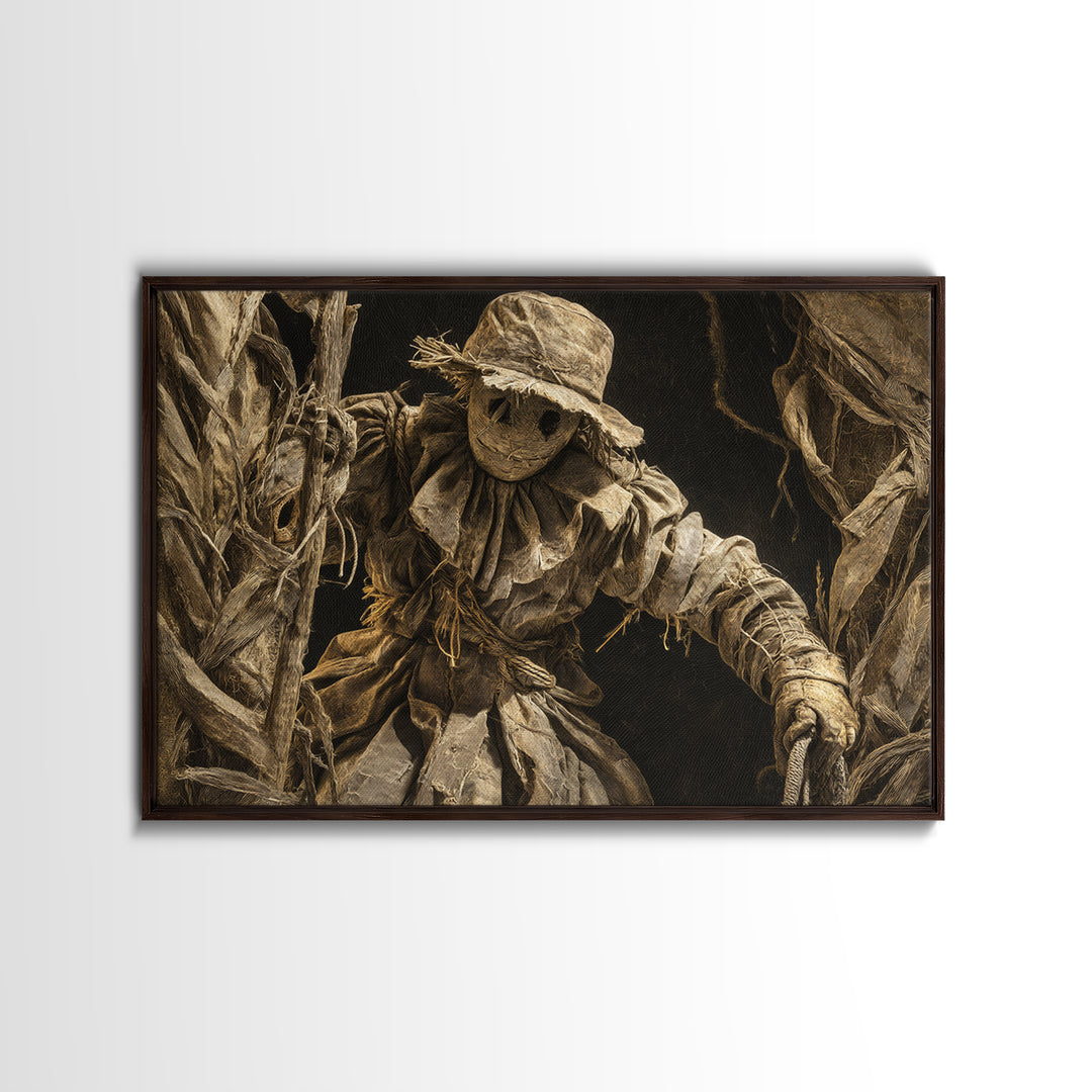 The Living Scarecrow, Architectural Etching Art, Landscape Wall Art, Dark Halloween Decor, Framed Canvas Print