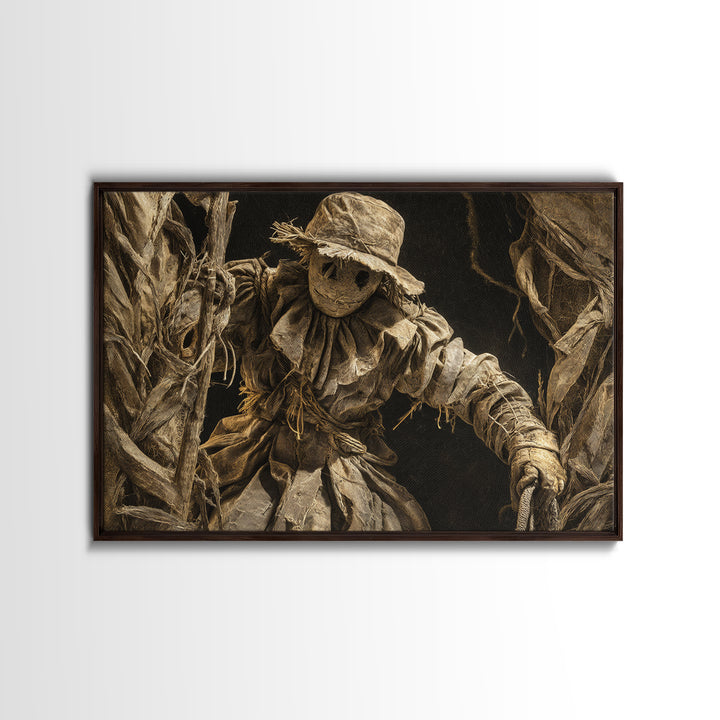The Living Scarecrow, Architectural Etching Art, Landscape Wall Art, Dark Halloween Decor, Framed Canvas Print