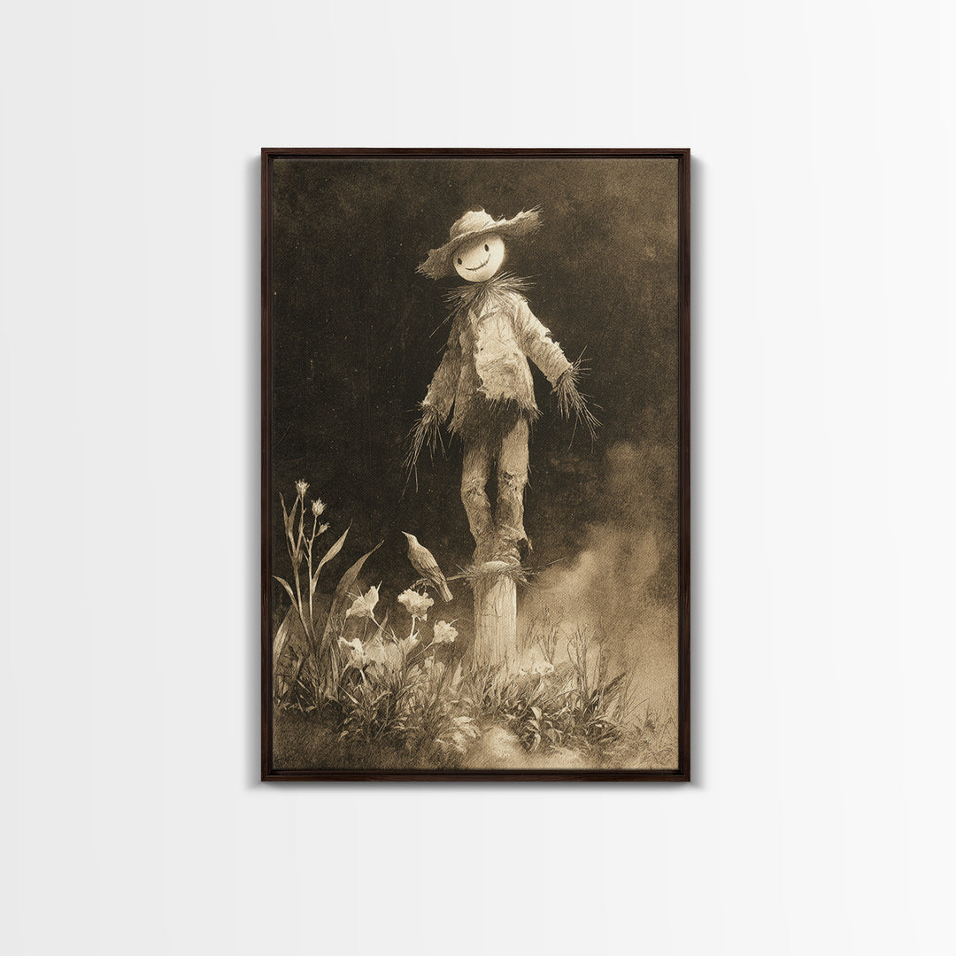 The Living Scarecrow, Symbolist Dream Art, Vertical Wall Art, Dark Halloween Decor, Framed Canvas Print, Halloween Wall Art