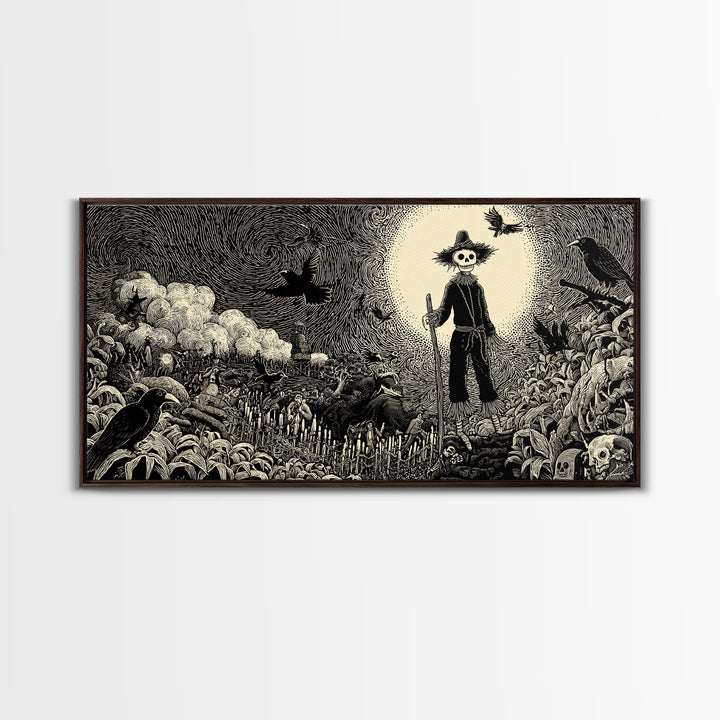 The Living Scarecrow, Macabre Folk Print Art, Wide Panoramic Art, Macabre Wall Art, Canvas Print, Halloween Wall Art