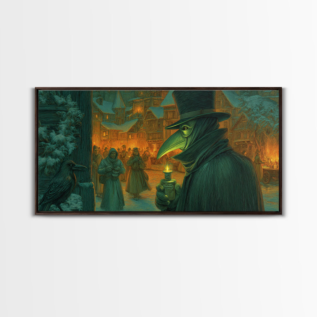 The Plague Doctor, Northern Renaissance Horror, Wide Panoramic Art, Dark Halloween Decor, Canvas Print, Halloween Wall Art