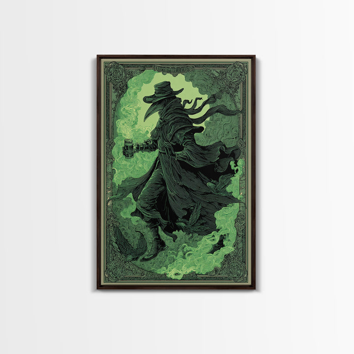 The Plague Doctor, Decadent Line Art, Vertical Wall Art, Dark Halloween Decor, Framed Canvas Print, Halloween Wall Art