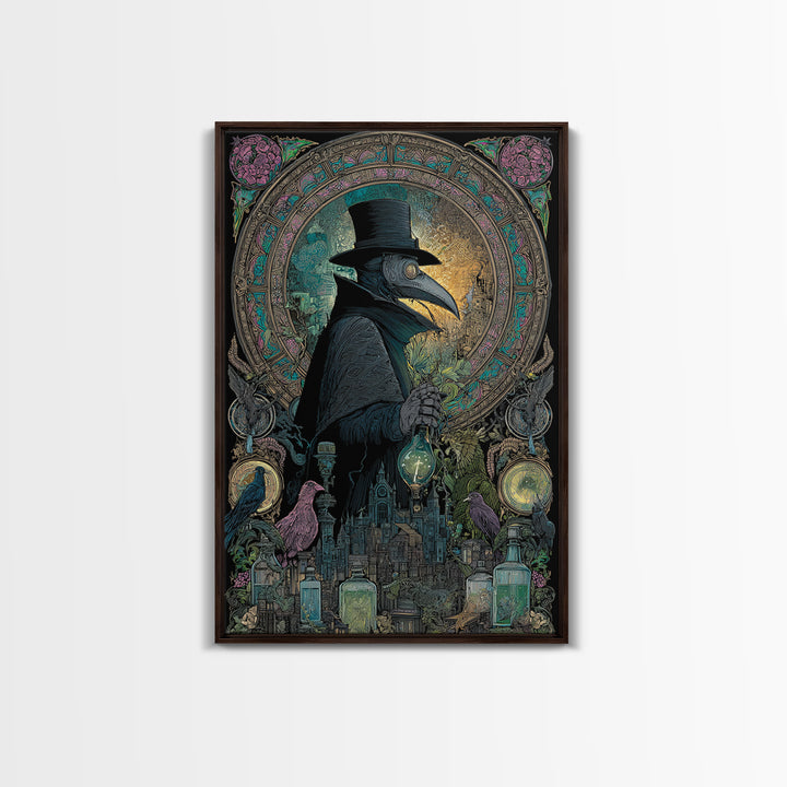 The Plague Doctor, Stained Glass Gothic Art, Vertical Wall Art, Gothic Horror Wall Art, Framed Canvas Print, Halloween Wall Art