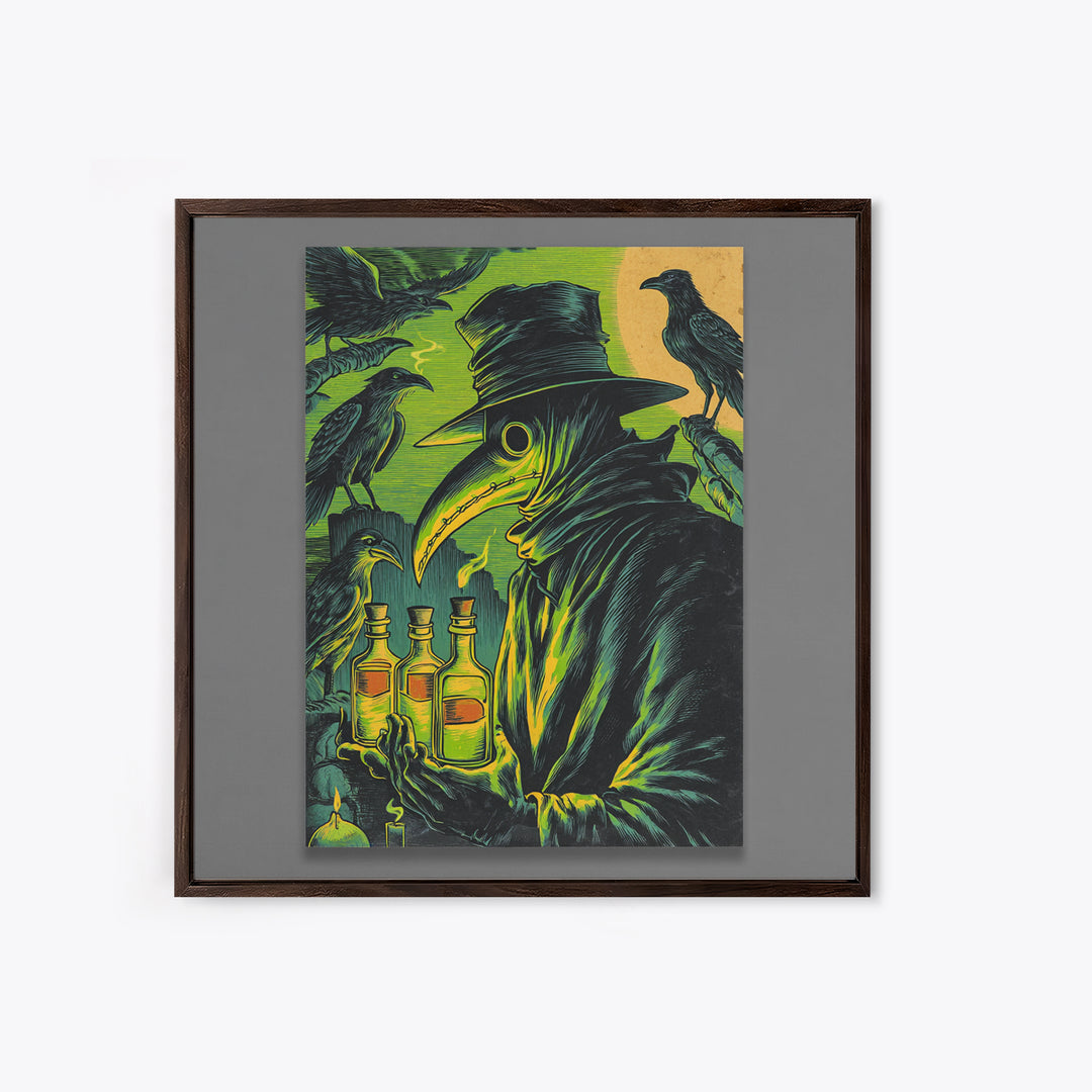 The Plague Doctor, Macabre Folk Print Art, Square Wall Art, Dark Halloween Decor, Framed Canvas Print, Halloween Wall Art