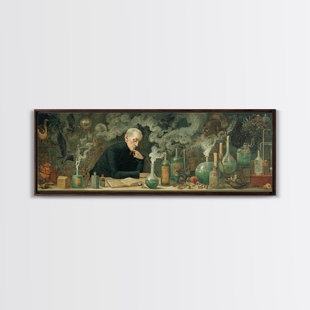 The Mad Alchemist, Medieval Grotesque Art, Extra Wide Wall Art, Dark Halloween Decor, Framed Canvas Print, Halloween Wall Art